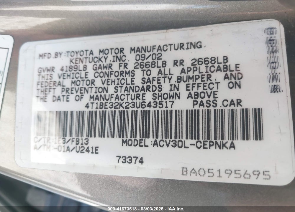 2003 TOYOTA CAMRY VIN: 4T1BE32K23U643517