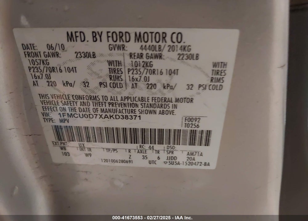 2010 FORD ESCAPE VIN: 1FMCU0D7XAKD38371