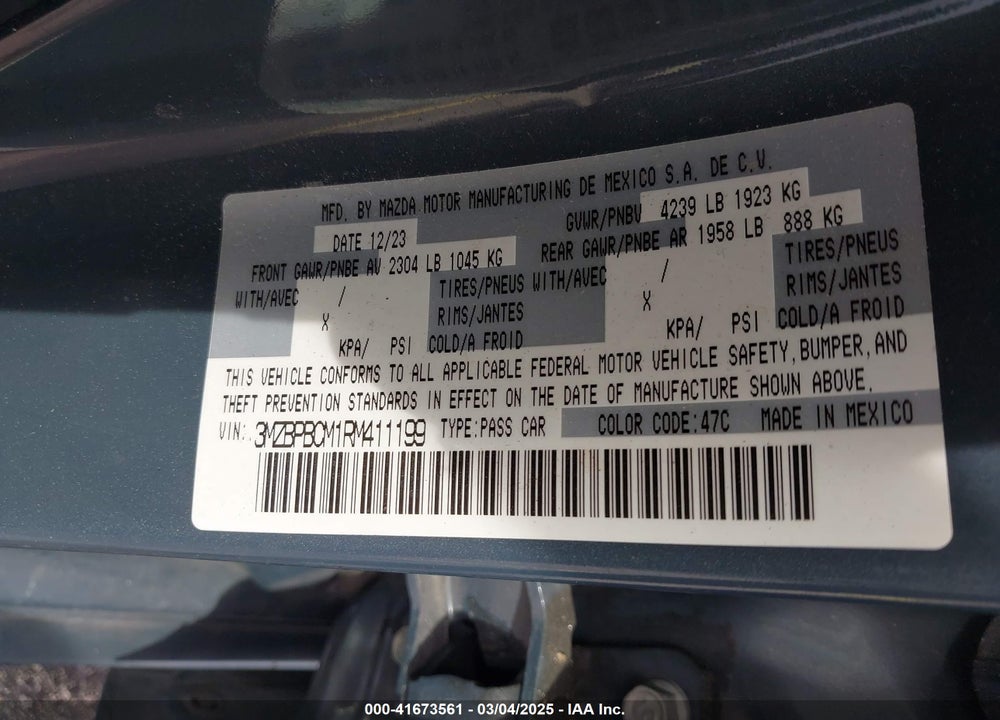 2024 MAZDA MAZDA3 VIN: 3MZBPBCM1RM411199