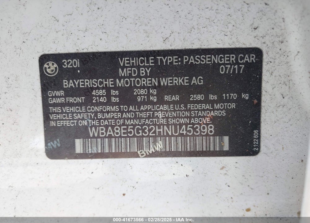2017 BMW 320I VIN: WBA8E5G32HNU45398