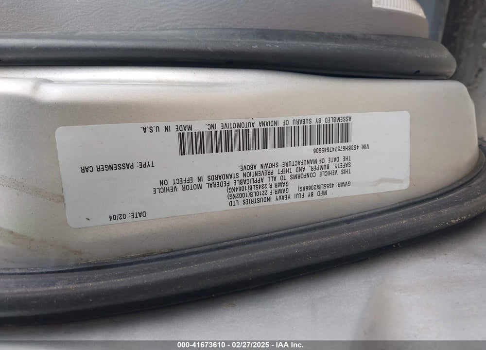 2004 SUBARU OUTBACK VIN: 4S3BH675747645506