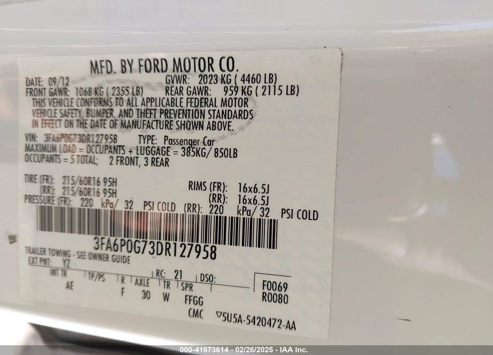 2013 FORD FUSION VIN: 3FA6P0G73DR127958