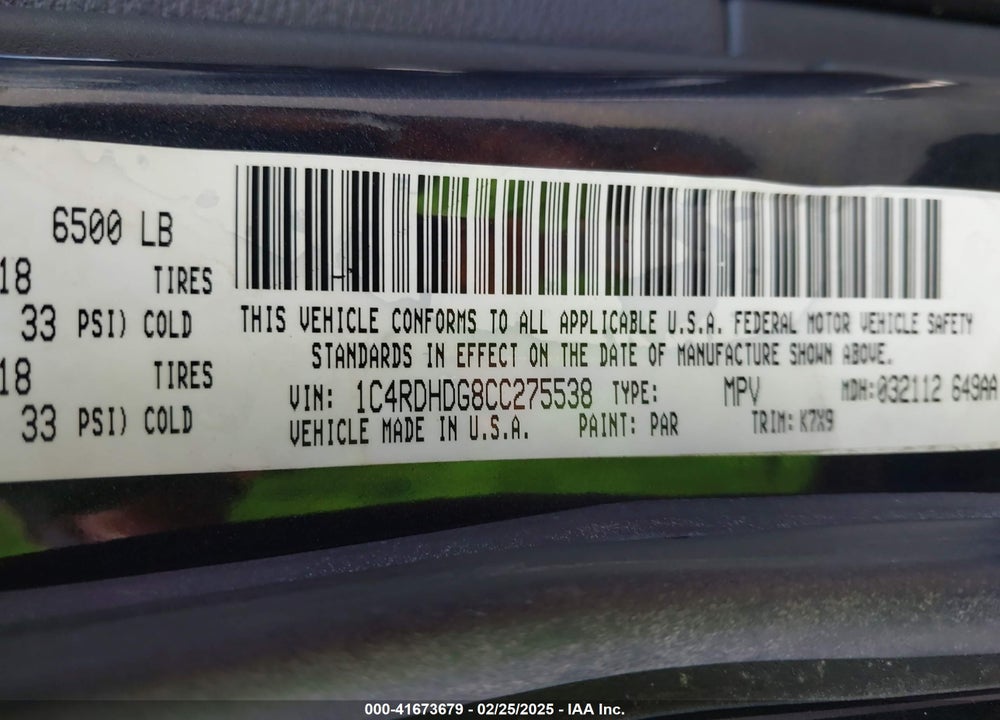 2012 DODGE DURANGO CREW VIN: 1C4RDHDG8CC275538