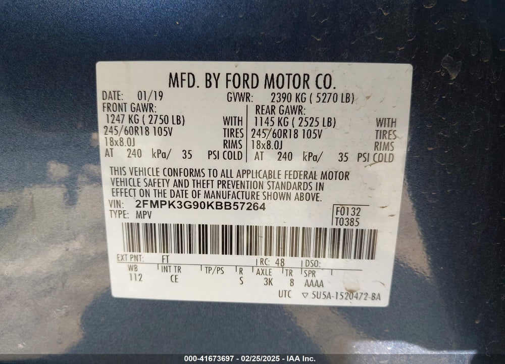 2019 FORD EDGE SE VIN: 2FMPK3G90KBB57264