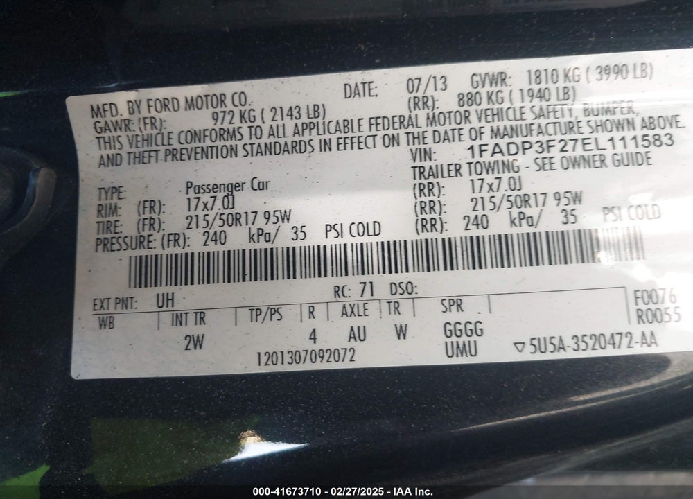 2014 FORD FOCUS VIN: 1FADP3F27EL111583