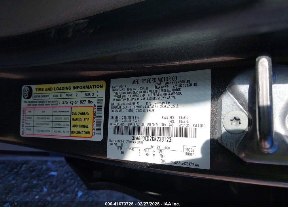 2019 FORD FUSION VIN: 3FA6P0CD2KR238123