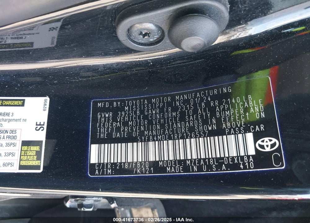 2024 TOYOTA COROLLA VIN: 5YFB4MDE1RP126557