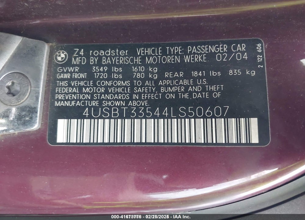 2004 BMW Z4 2.5I VIN: 4USBT33544LS50607