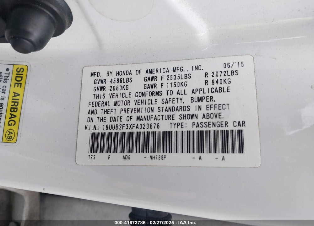 2015 ACURA TLX VIN: 19UUB2F3XFA023878