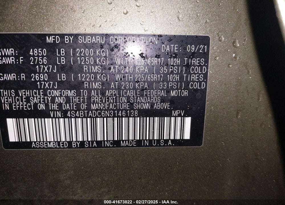 2022 SUBARU OUTBACK PREMIUM VIN: 4S4BTADC6N3146138
