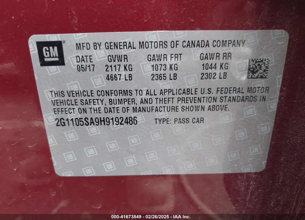 2017 CHEVROLET IMPALA VIN: 2G1105SA9H9192486