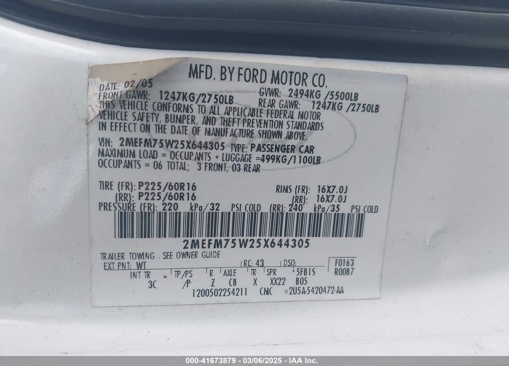 2005 MERCURY GRAND MARQUIS VIN: 2MEFM75W25X644305