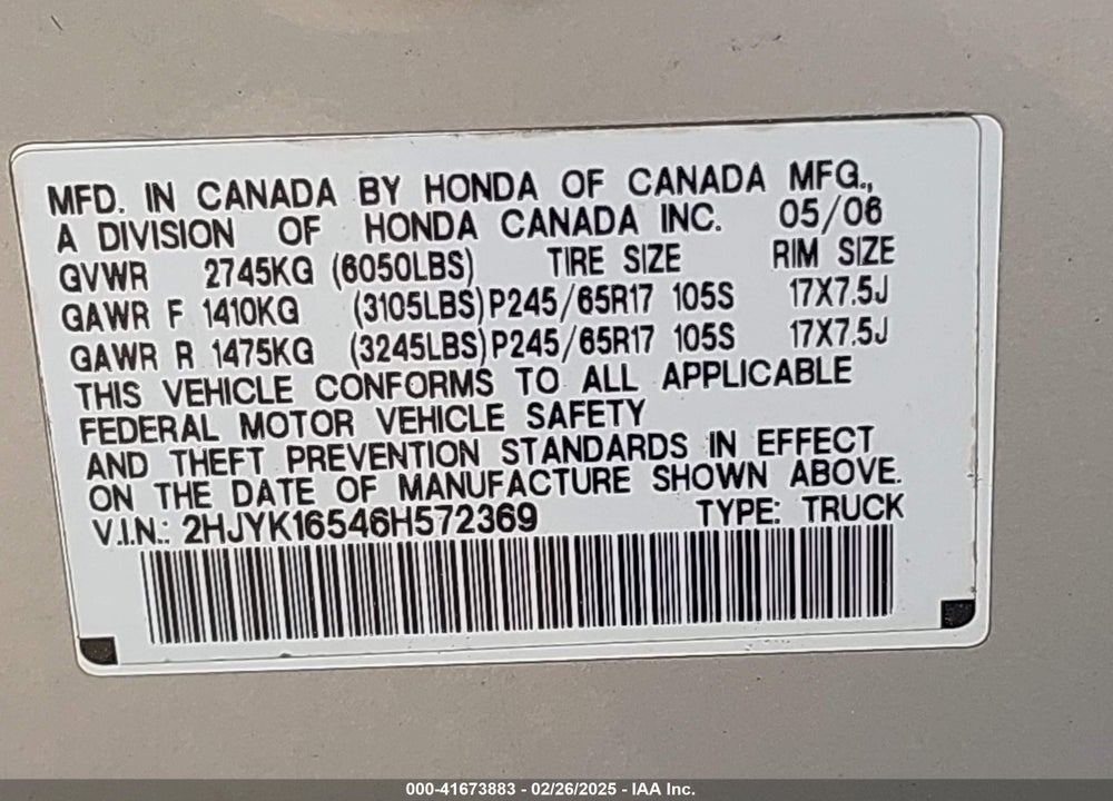 2006 HONDA RIDGELINE RTL VIN: 2HJYK16546H572369