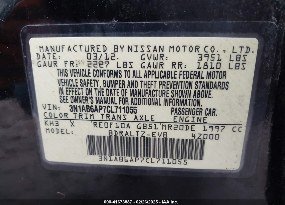 2012 NISSAN SENTRA VIN: 3N1AB6AP7CL711055