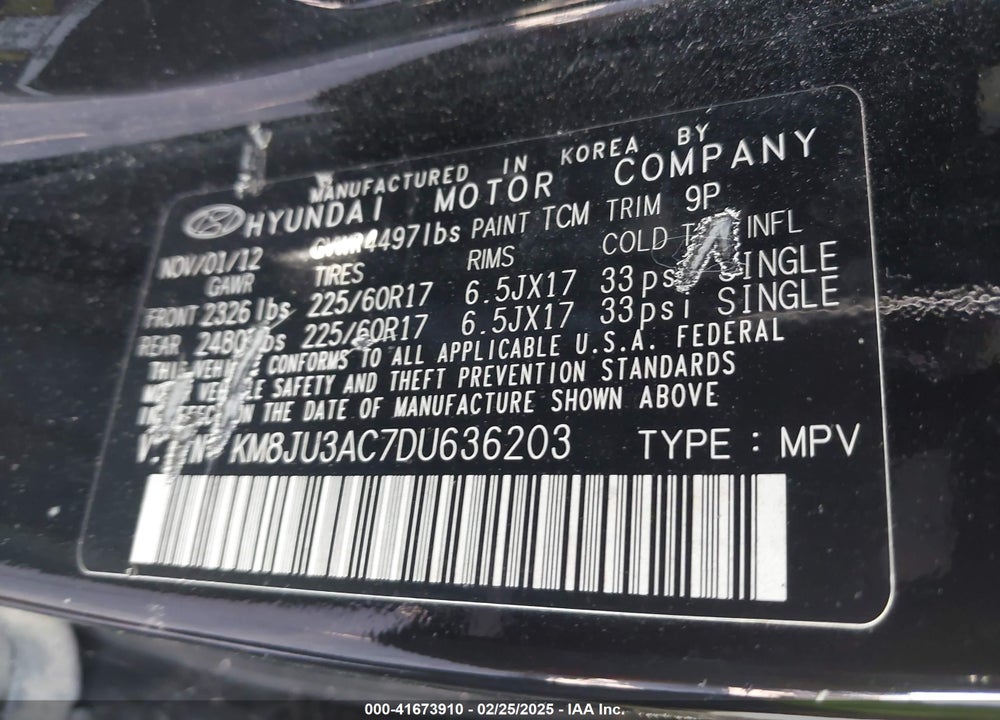 2013 HYUNDAI TUCSON GLS VIN: KM8JU3AC7DU636203