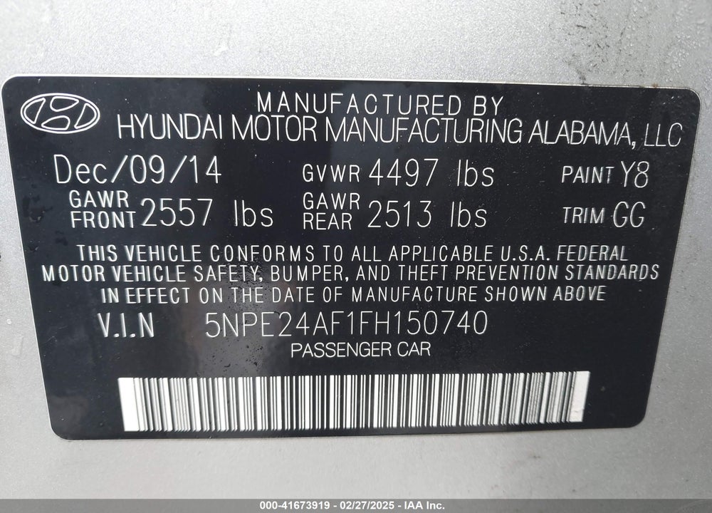 2015 HYUNDAI SONATA SE VIN: 5NPE24AF1FH150740