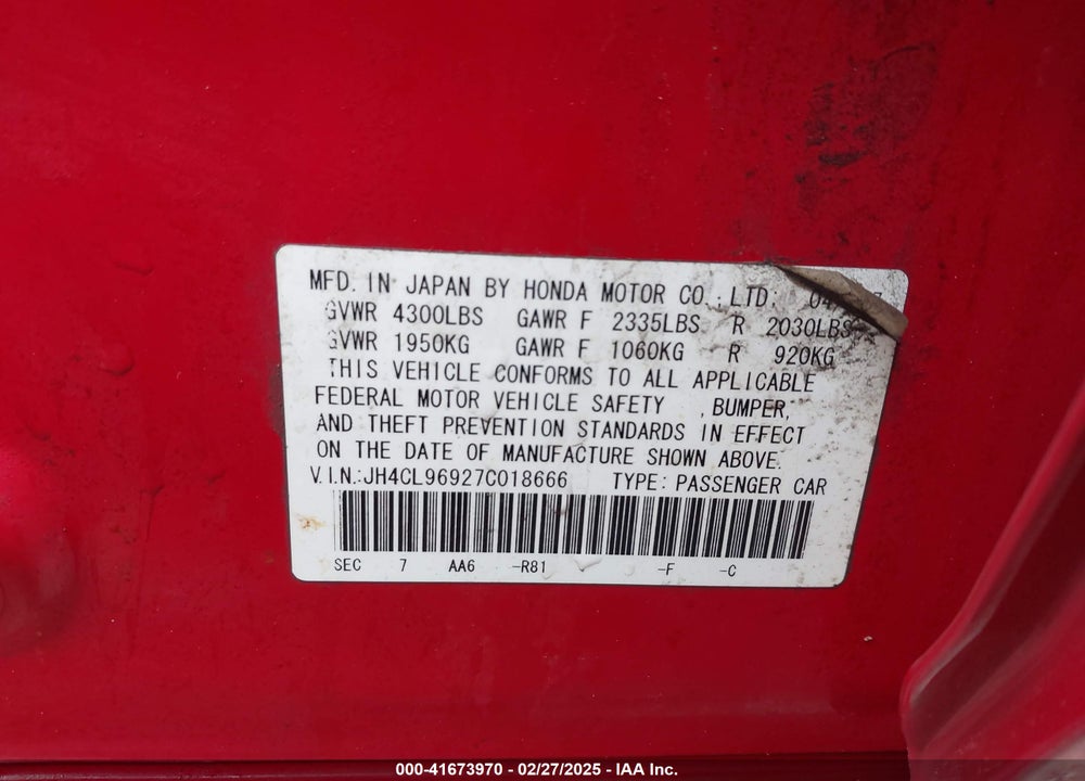 2007 ACURA TSX VIN: JH4CL96927C018666