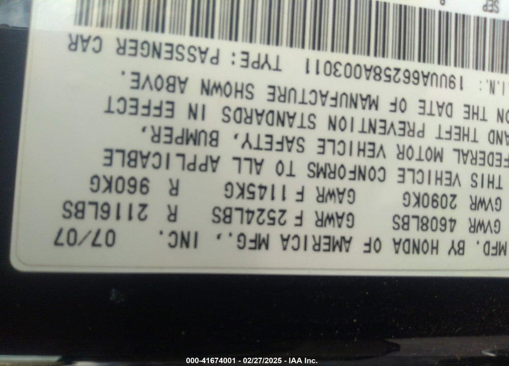 2008 ACURA TL VIN: 19UUA66258A003011
