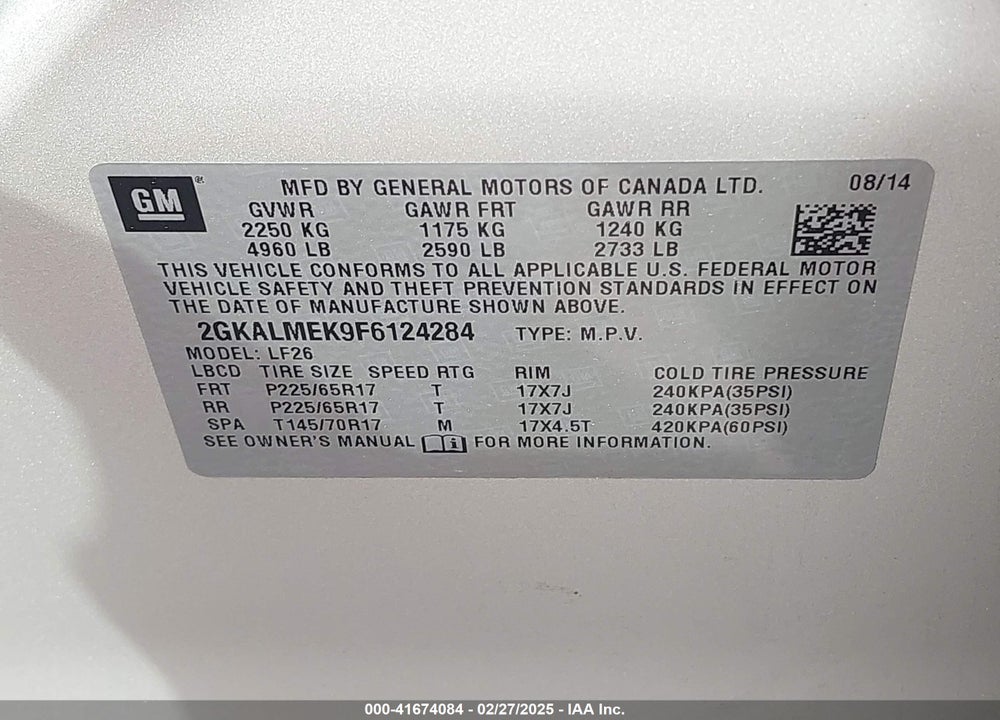 2015 GMC TERRAIN SLE-1 VIN: 2GKALMEK9F6124284