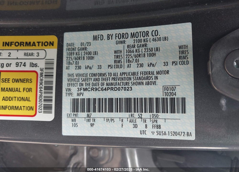 2023 FORD BRONCO SPORT VIN: 3FMCR9C64PRD07023