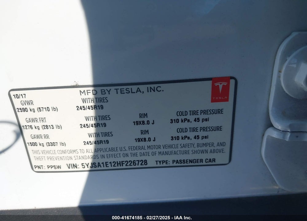2017 TESLA MODEL S VIN: 5YJSA1E12HF226728