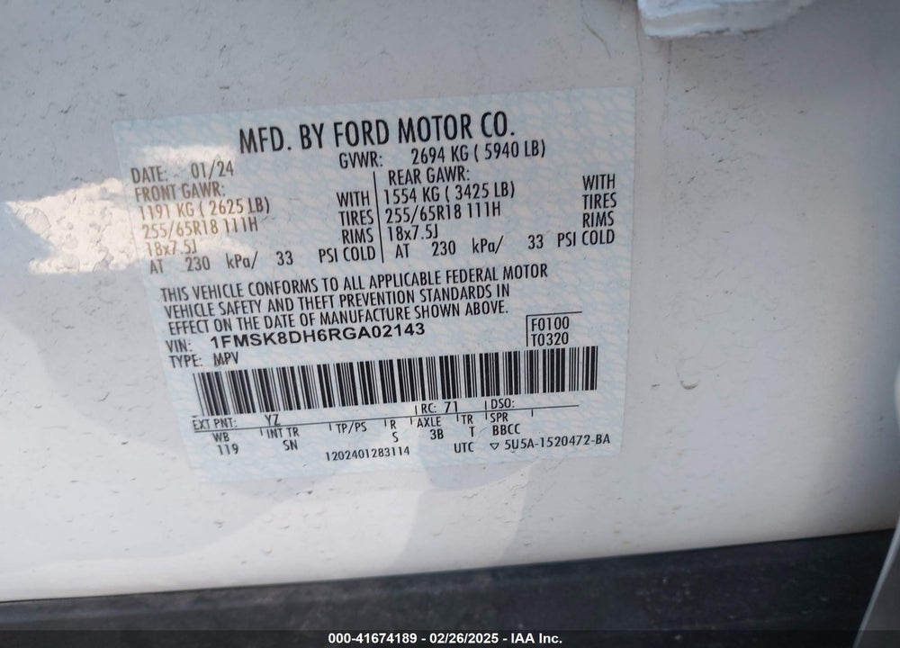 2024 FORD EXPLORER VIN: 1FMSK8DH6RGA02143