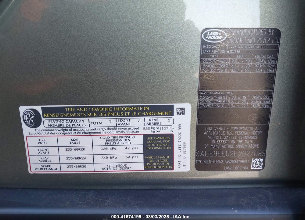2020 LAND ROVER DEFENDER VIN: SALE9EEU2L2027089
