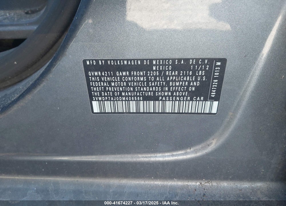 2013 VOLKSWAGEN JETTA VIN: 3VWDP7AJ0DM406566