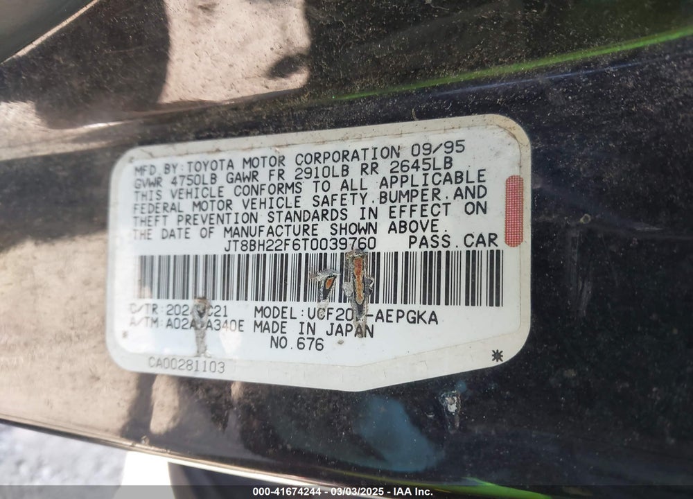 1996 LEXUS LS 400 VIN: JT8BH22F6T0039760