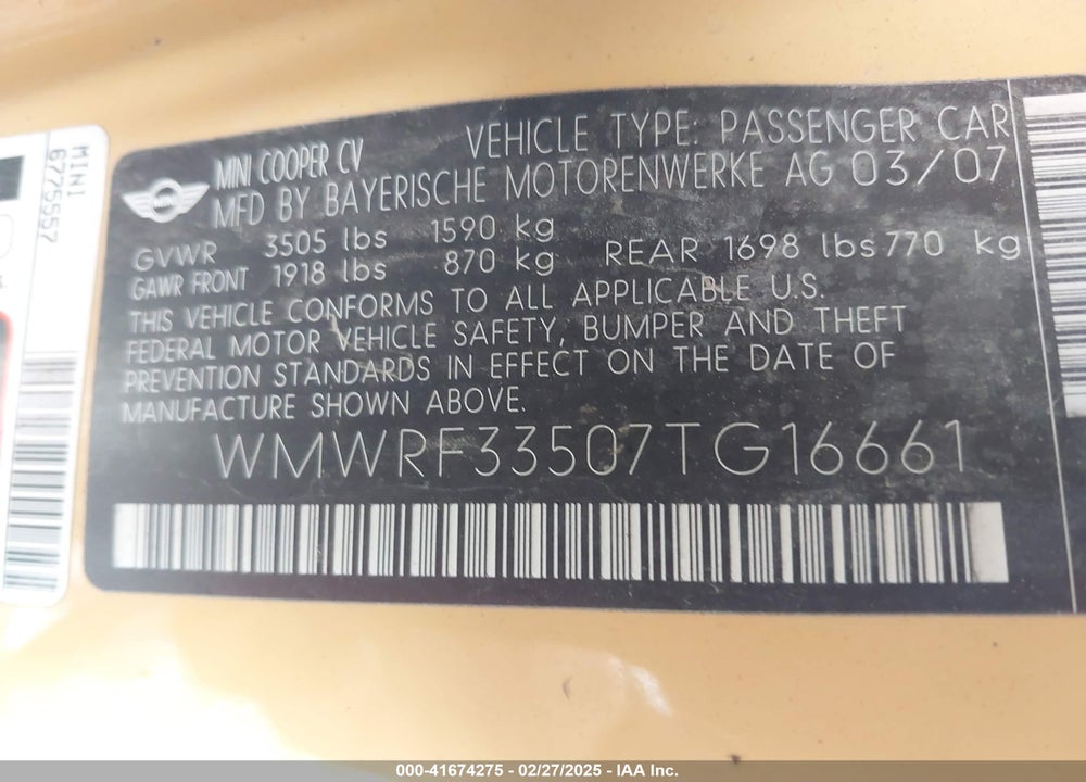 2007 MINI COOPER VIN: WMWRF33507TG16661