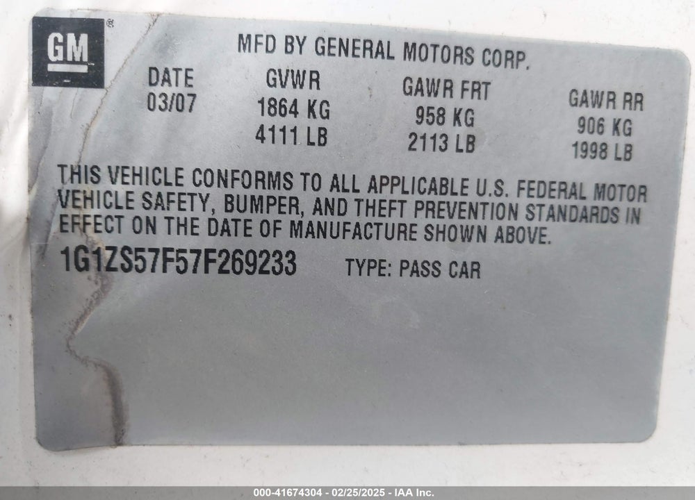 2007 CHEVROLET MALIBU VIN: 1G1ZS57F57F269233
