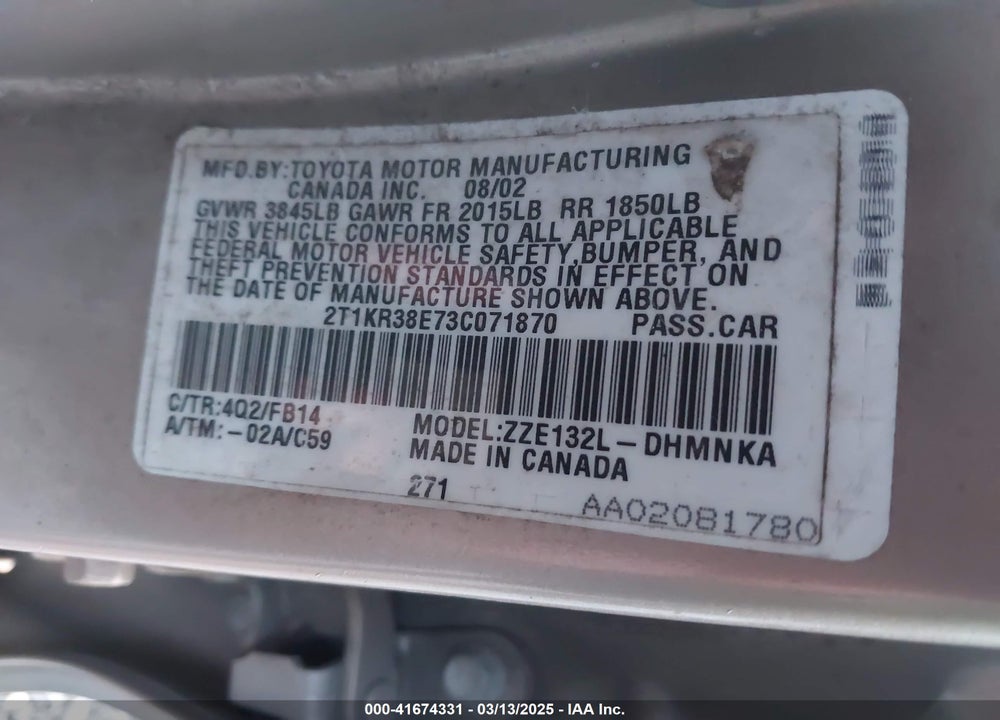 2003 TOYOTA MATRIX VIN: 2T1KR38E73C071870