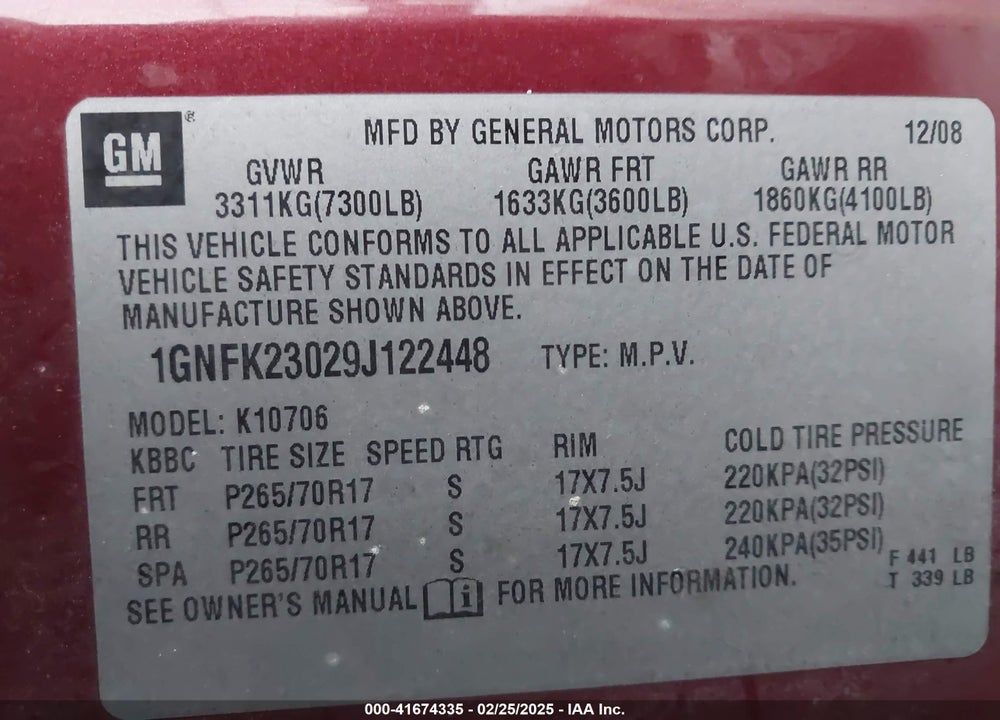 2009 CHEVROLET TAHOE LT1 VIN: 1GNFK23029J122448