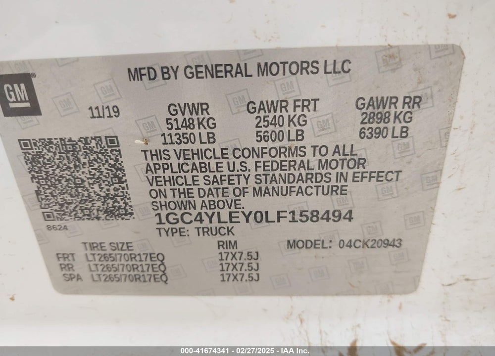 2020 CHEVROLET SILVERADO 2500HD 4WD LONG BED WT VIN: 1GC4YLEY0LF158494