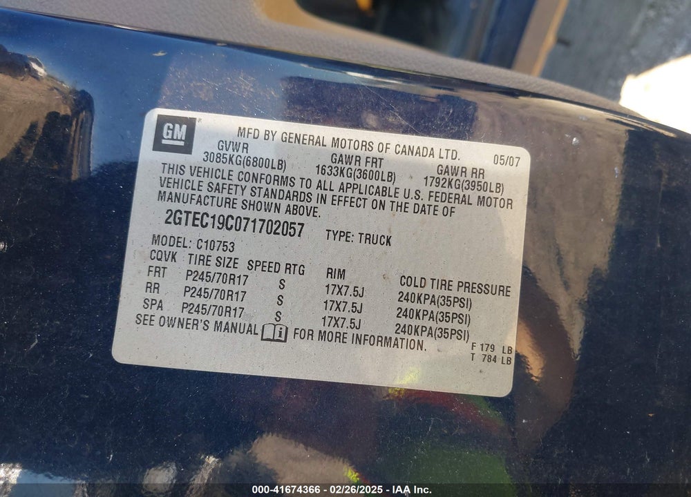 2007 GMC SIERRA 1500 VIN: 2GTEC19C071702057