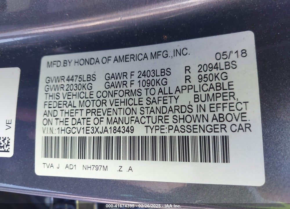 2018 HONDA ACCORD VIN: 1HGCV1E3XJA184349