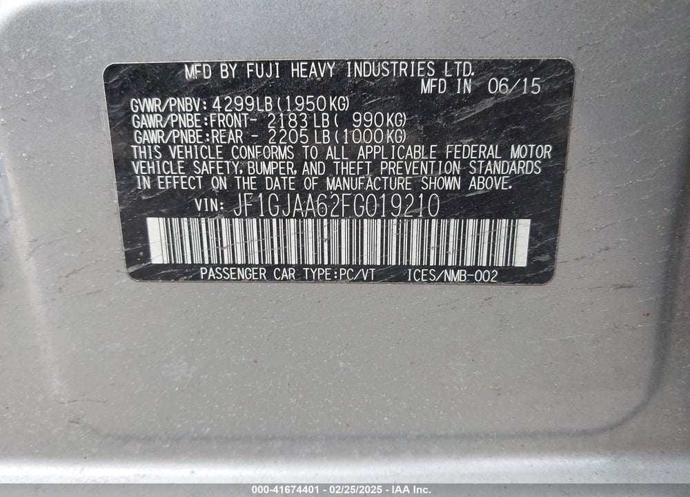 2015 SUBARU IMPREZA VIN: JF1GJAA62FG019210
