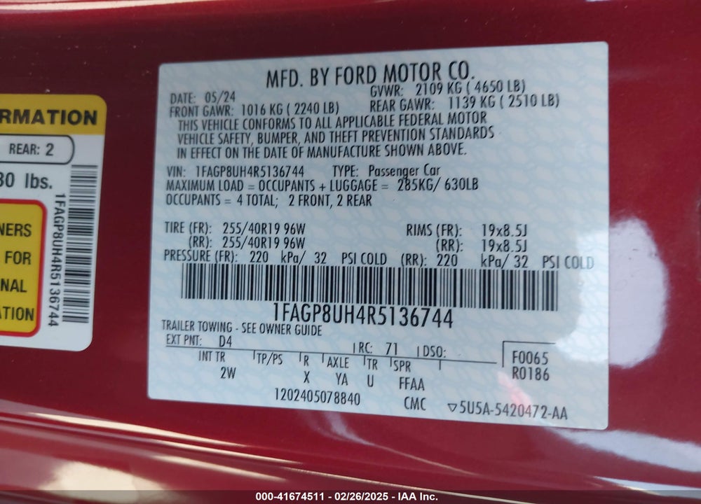 2024 FORD MUSTANG ECOBOOST VIN: 1FAGP8UH4R5136744