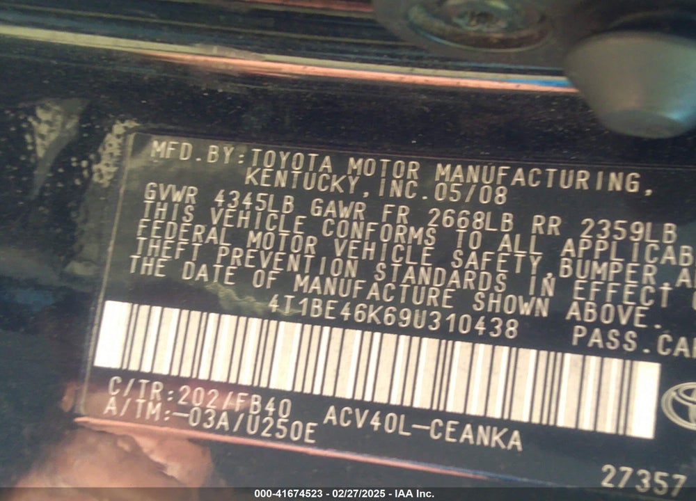 2009 TOYOTA CAMRY LE VIN: 4T1BE46K69U310438