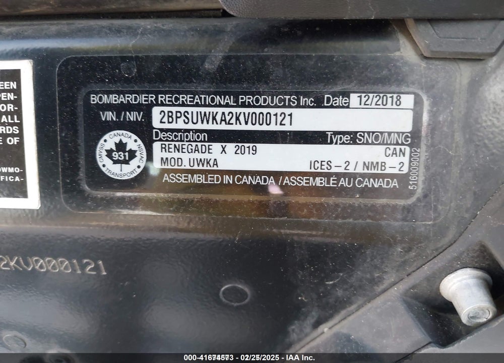 2019 SKI DOO MX Z X 800R VIN: 2BPSUWKA2KV000121