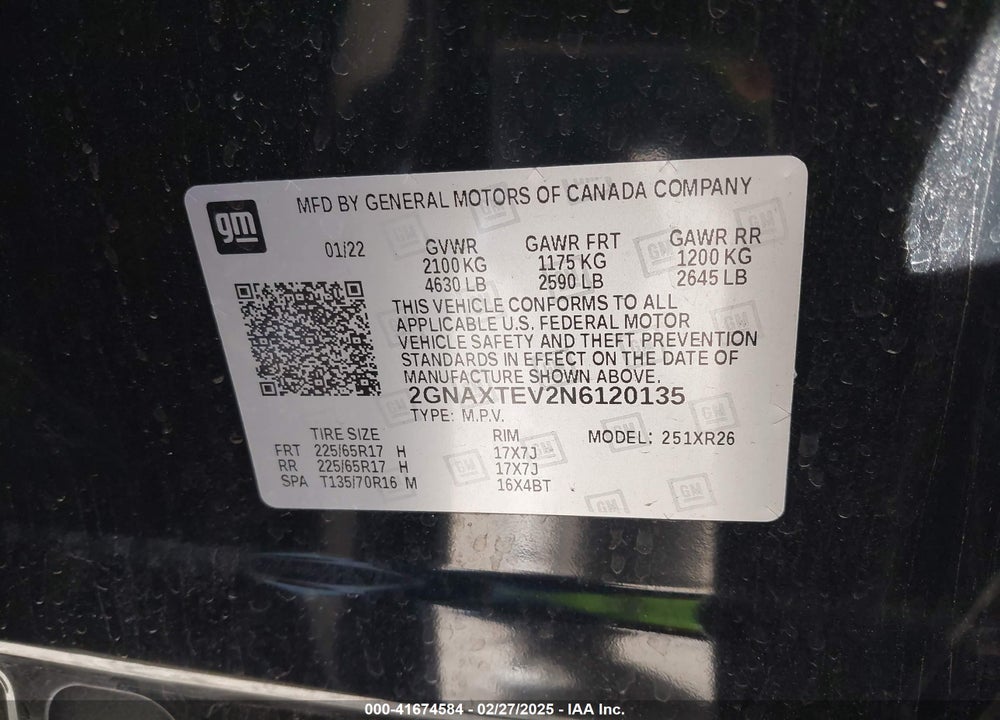 2022 CHEVROLET EQUINOX VIN: 2GNAXTEV2N6120135