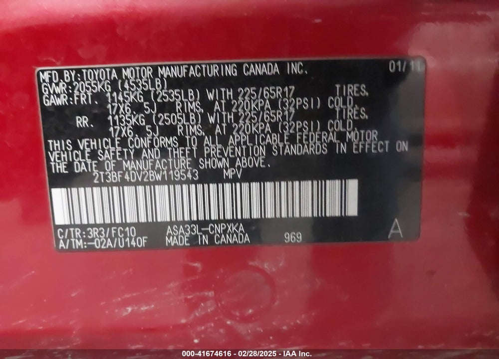 2011 TOYOTA RAV4 VIN: 2T3BF4DV2BW119543