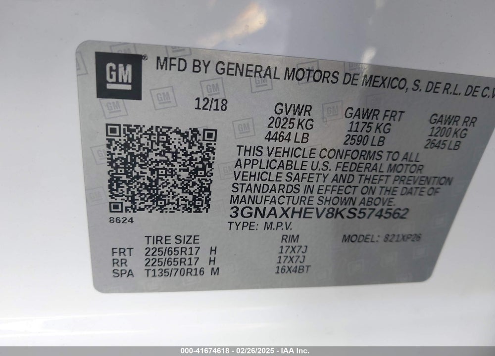 2019 CHEVROLET EQUINOX VIN: 3GNAXHEV8KS574562