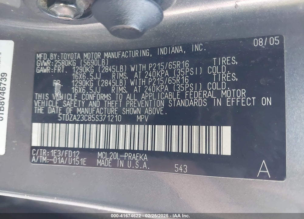 2005 TOYOTA SIENNA CE VIN: 5TDZA23C85S371210
