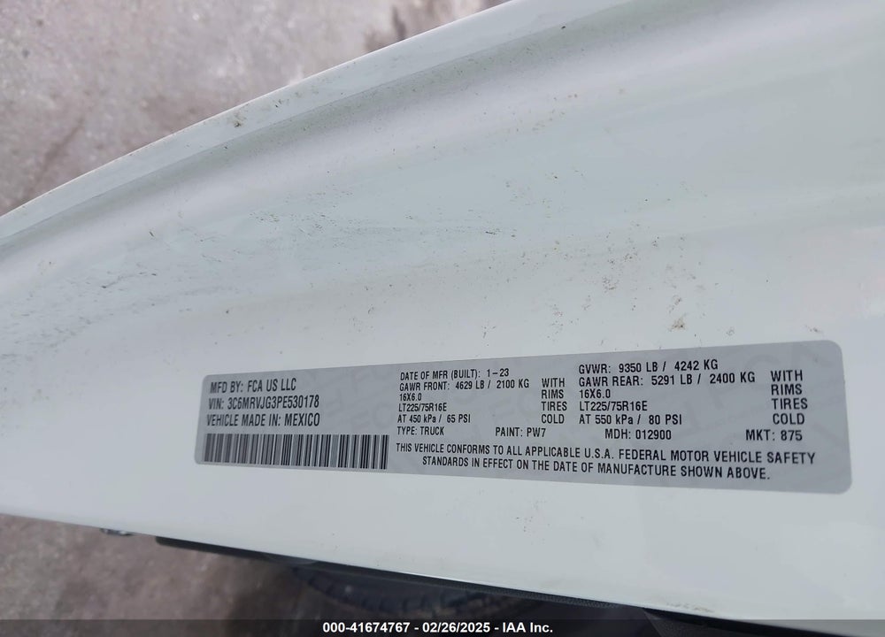 2023 RAM PROMASTER 3500 VIN: 3C6MRVJG3PE530178