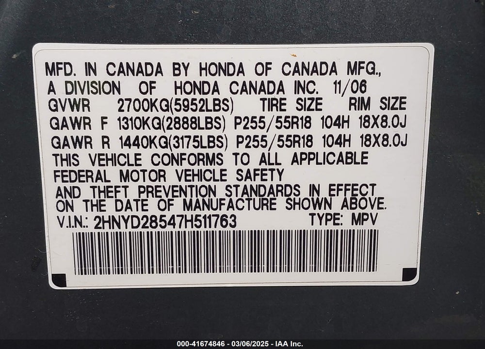 2007 ACURA MDX SPORT PACKAGE VIN: 2HNYD28547H511763