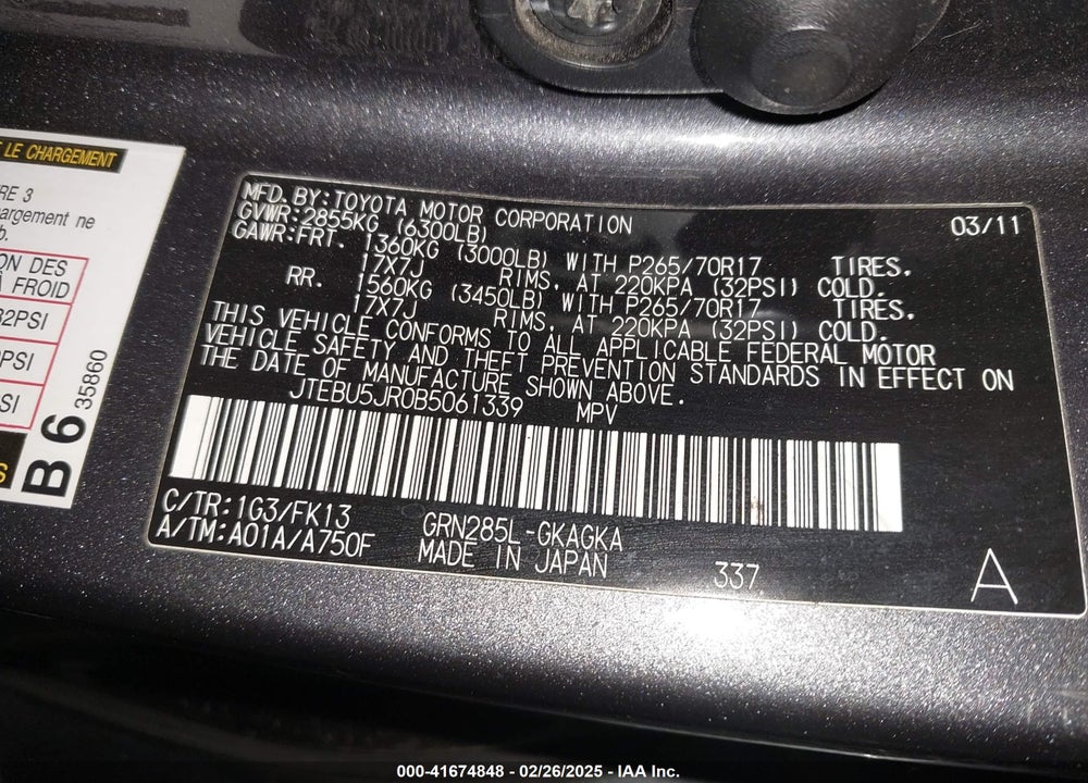2011 TOYOTA 4RUNNER VIN: JTEBU5JR0B5061339