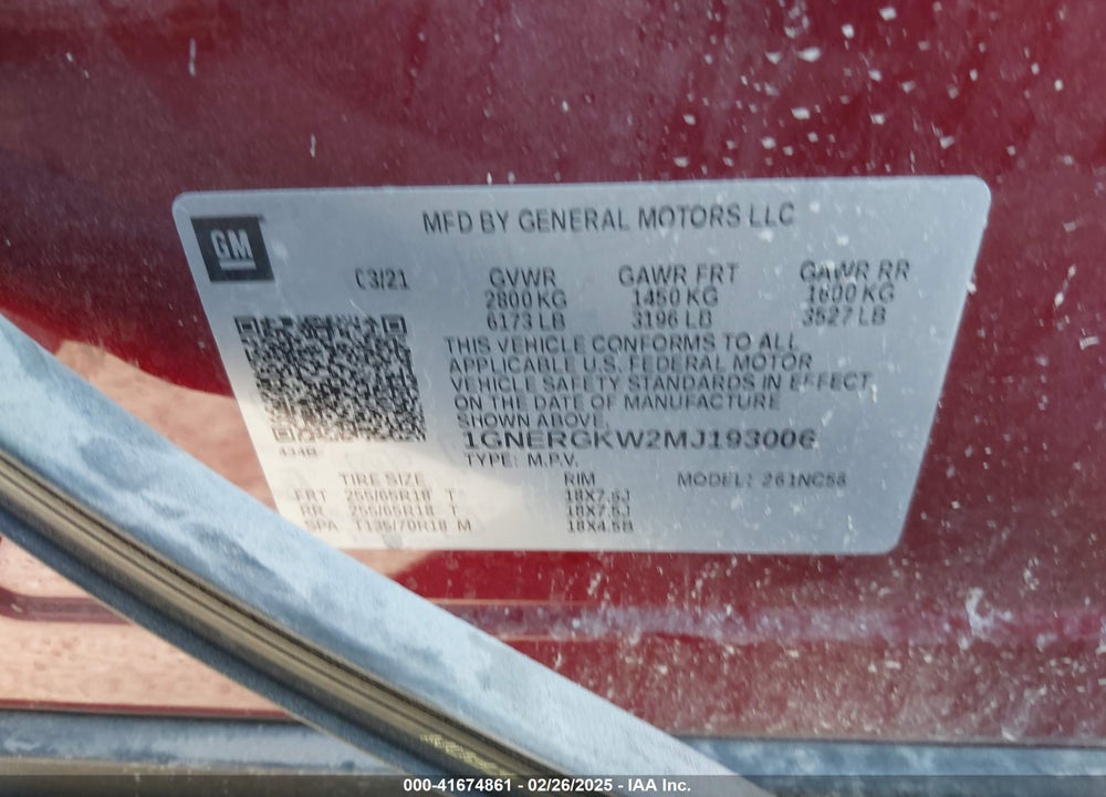 2021 CHEVROLET TRAVERSE VIN: 1GNERGKW2MJ193006