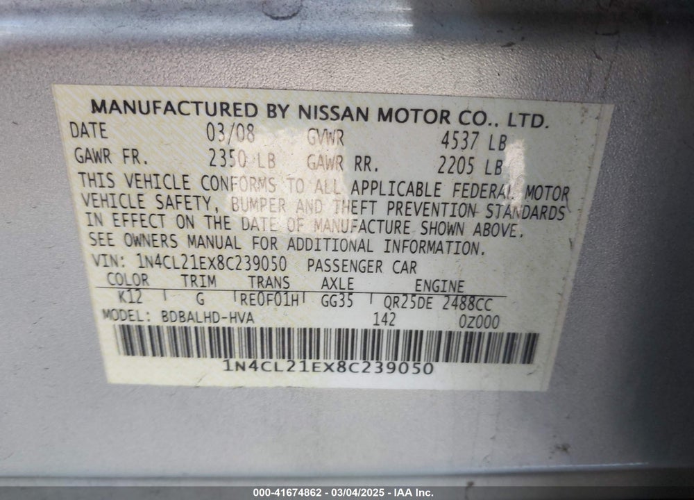 2008 NISSAN ALTIMA HYBRID VIN: 1N4CL21EX8C239050