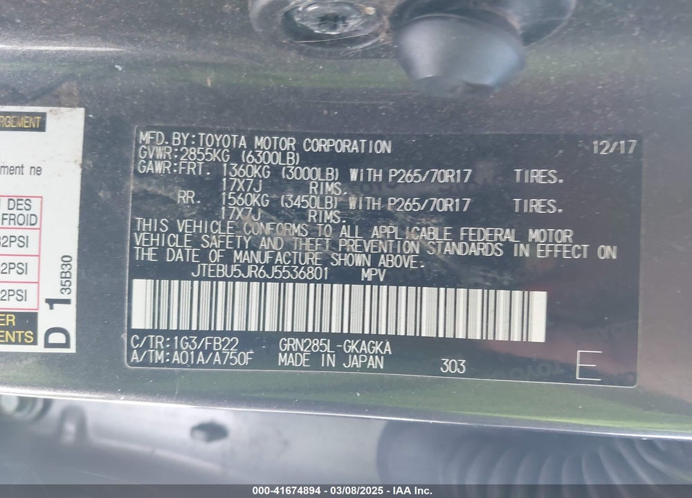 2018 TOYOTA 4RUNNER VIN: JTEBU5JR6J5536801